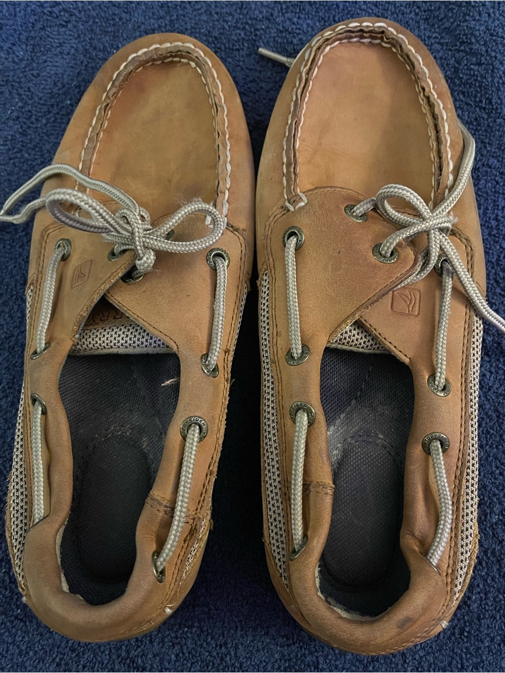 Sperry Tan Leather Boat Shoes with Gray Laces